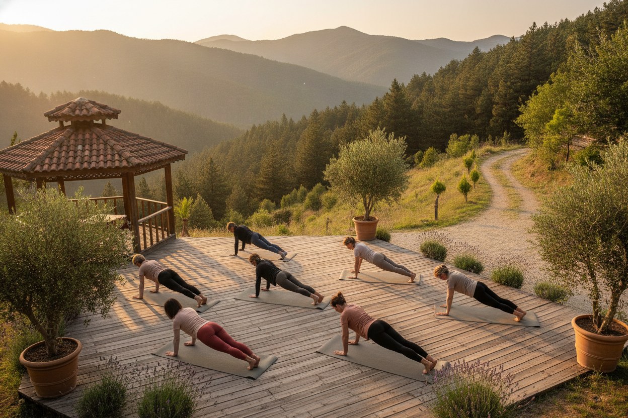 Kazdağları doğa kampında açık hava pilates seansı